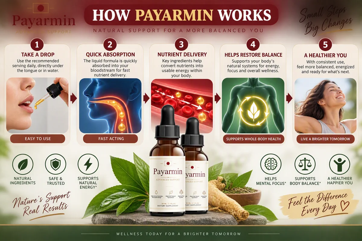 How Payarmin works: take a drop, quick absorption, nutrient delivery, helps restore balance, a healthier you